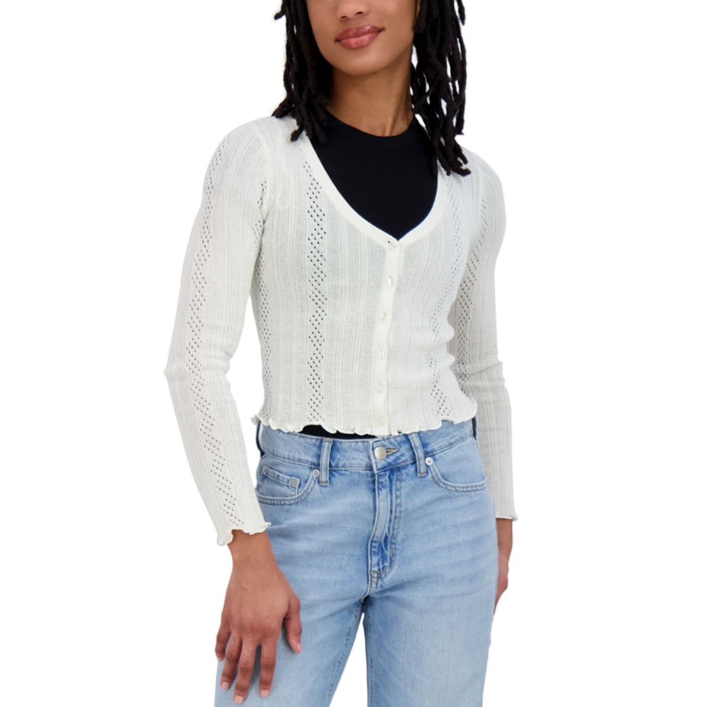 Aeropostale Womens Cropped Cardigan White XS Knit Lettuce Trim V-Neck Sweater